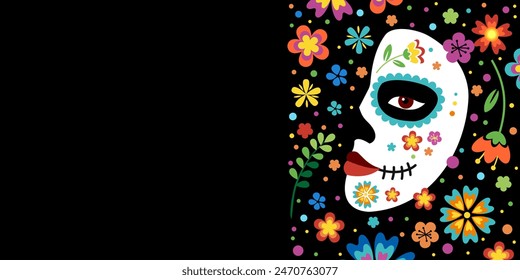 Hispanic heritage month background. Vector web banner, poster, card for social media, networks. Greeting with national Hispanic heritage month, floral pattern and Calavera mask on black background.