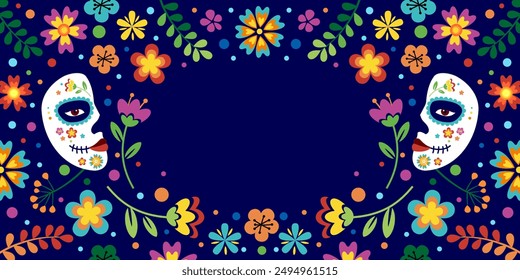 Hispanic heritage month background. Vector web banner, poster, card for social media, networks. Greeting with national Hispanic heritage month, floral pattern and Calavera mask on blue background.