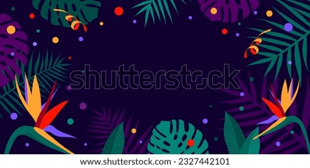 Hispanic heritage month background. Vector web banner, poster, card for social media, networks. Greeting national Hispanic heritage month, tropical flowers on purple background with blue, yellow color