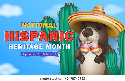 Hispanic Heritage Month banner with 3d cartoon cute capybara dressed in a vibrant sombrero and holding maracas in his paws dancing to rhythmic Latin American music among the cacti against a blue sky