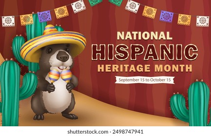 Hispanic Heritage Month banner with 3d papel picado, cartoon cute capybara wearing a sombrero and holding maracas in his paws among the cacti in the sand against brown background with ethnic pattern