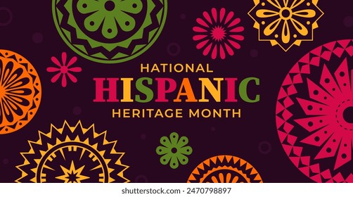 Hispanic heritage month banner with circle ornament vector background. Mexican and spanish ethnic pattern of bright color flowers and geometric shapes. Latino culture festival poster with floral motif