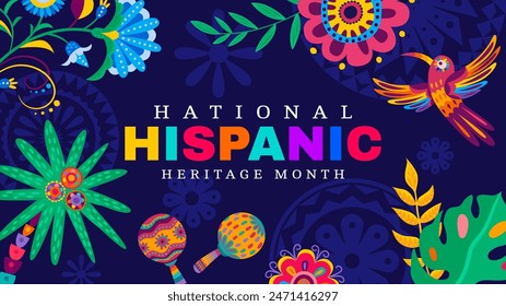 Hispanic heritage month banner with colibri, maracas and tropical flowers pattern vector background. Mexican and spanish culture ethnic festival, latino carnival flyer with floral ornament, bird, palm