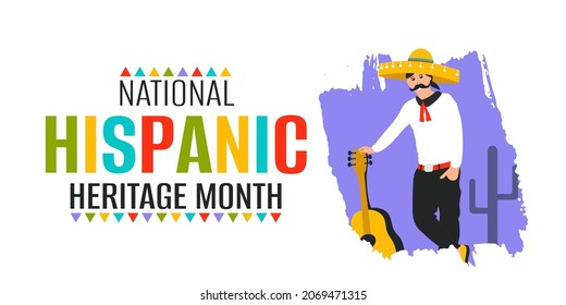 Hispanic Heritage Month Banner, Poster, Placard, Flyer. Greeting Text And Men In Mexican National Hat Sombrero And Guitar On White Background. Vector Illustration