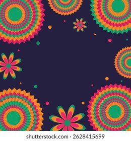 Hispanic Heritage Month - banner, social media post, card. Square vector background with copy space. Vector illustration with round paper fans, flowers and confetti on blue background.
