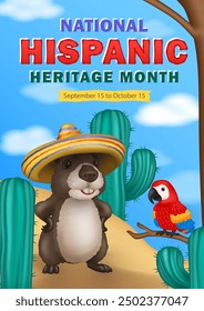 Hispanic Heritage Month cartoon greeting card with 3d realistic cute Capybara (carpincho) in a sombrero and scarlet Macaw Parrot sitting on a tree branch among cacti in a desert scene under blue sky