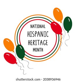 Hispanic Heritage Month celebration banner. Bright balloons and handwritten lettering. Poster, brochure, flyer, greeting card template. Isolated on white.
