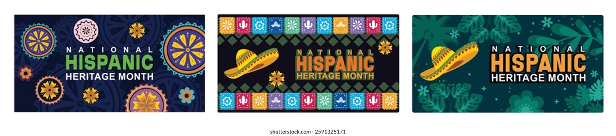 Hispanic Heritage Month celebration with a circle pattern.Sombrero hat and papel picado flag. A celebration of American history and culture. Hispanic Heritage Month concept.