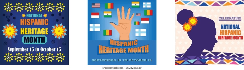 Monat des hispanischen Erbes. Verschiedene Flaggen von Amerika auf Silhouette Menschen Hand. Hispanische und Latino Kultur. Flache, moderne Vektorgrafik festlegen 