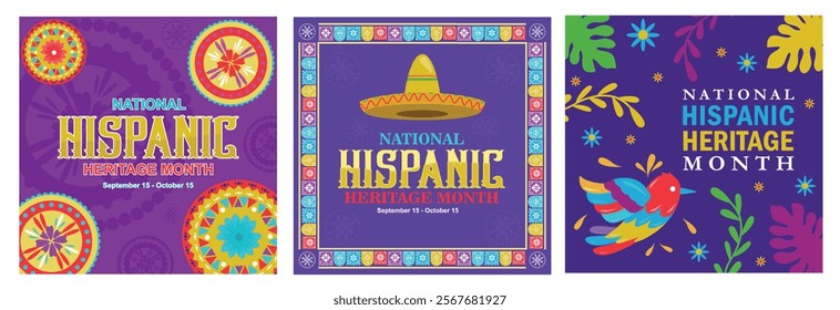 Hispanic Heritage Month Festival. Sombrero hat and papel picado flag. Greeting card with colorful motifs. Hispanic Heritage Month concept. Set flat vector illustration.