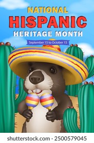 Tarjeta de felicitación del Mes de la Herencia Hispana con capibara lindo de la historieta 3D vestido en sombrero y sosteniendo maracas en sus patas que bailan a la música rítmica de Latina American entre los cactus contra un cielo azul