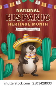 Hispanic Heritage Month Grußkarte mit 3D Papel Picado, Cartoon Capybara trägt einen Sombrero und hält Maracas in seinen Pfoten unter den Kakteen im Sand auf braunem Hintergrund mit ethnischen Muster