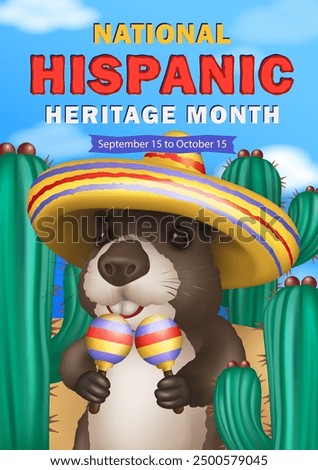 Hispanic Heritage Month greeting card with 3d cartoon cute capybara dressed in  sombrero and holding maracas in his paws dancing to rhythmic Latin American music among the cacti against a blue sky