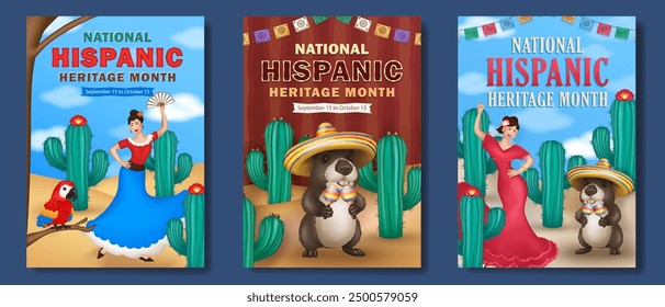 Hispanic Heritage Month greeting cards with 3d papel picado, cartoon capybara in sombrero holding maracas, Macaw parrot and happy Latin women in traditional dresses dancing among cacti in a dessert