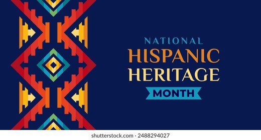 In: Hispanic Heritage Month Illustration. Vektorgrafik Web Banner, Poster, Karte für Social Media, Netzwerke. Gruß mit nationalen hispanischen Erbe-Monat-Text, Ornament auf blauem Hintergrund mit gelber Farbe.