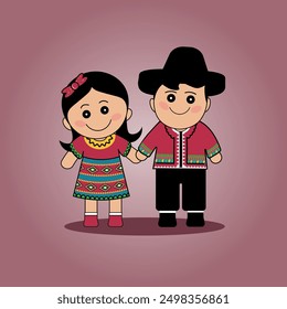 Hispanic heritage month, isolated little boy and girl dolls in Hispanic cultural dress holding hands 