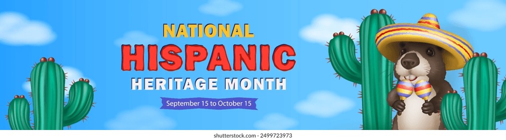 Hispanic Heritage Month panoramic banner with 3d cartoon cute capybara dressed in  sombrero and holding maracas in his paws dancing to rhythmic Latin American music among the cacti against a blue sky