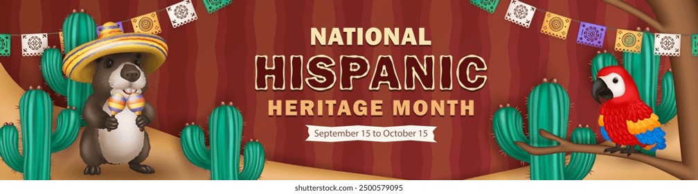 Hispanic Heritage Month panoramic banner with 3d papel picado, cartoon capybara in sombrero holding maracas and Macaw (Ara) parrot among cacti in the sand against brown background with ethnic pattern