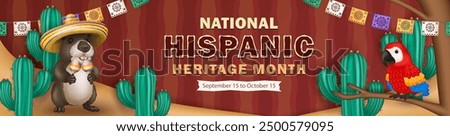 Hispanic Heritage Month panoramic banner with 3d papel picado, cartoon capybara in sombrero holding maracas and Macaw (Ara) parrot among cacti in the sand against brown background with ethnic pattern