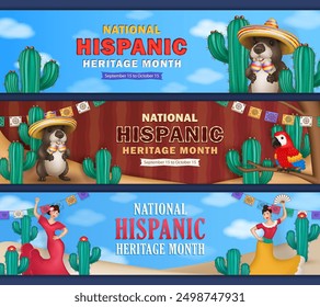 Hispanic Heritage Month panoramic banners with 3d papel picado, cartoon capybara in sombrero holding maracas, Macaw parrot and happy Latin women in traditional dresses dancing among cacti in a dessert