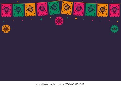 Hispanic Heritage Month. Vector background with copy space. Vector illustration with Papel Picado, flowers and confetti on a blue background.	