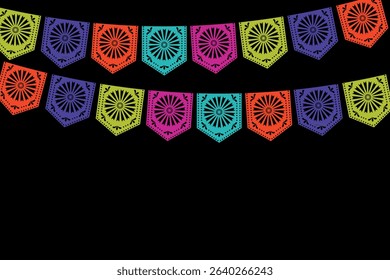 Hispanic Heritage Month. Vector background with copy space. Vector illustration with Papel Picado on black background.