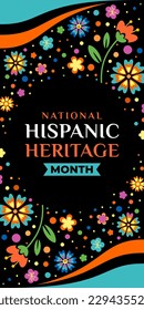 Hispanic heritage month. Vector vertical web banner, poster, card for social media, networks. Greeting with national Hispanic heritage month text, floral pattern, Huichol pattern on black background