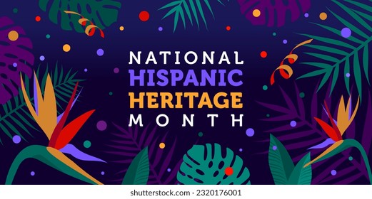 Hispanic heritage month. Vector vertical web banner, poster, card for social media, networks. Greeting with national Hispanic heritage month text, ribbons pattern on blue background with bright color.