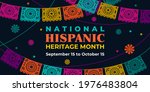 Hispanic heritage month. Vector web banner, poster, card for social media, networks. Greeting with national Hispanic heritage month text, Papel Picado pattern, perforated paper on black background.