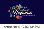 Hispanic heritage month. Vector web banner, poster, card for social media, networks. Greeting with national Hispanic heritage month text, flowers on floral pattern background. Vector illustration