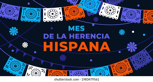 Hispanic heritage month. Vector web banner, poster, card for social media, networks. Greeting in Spanish Mes de la herencia hispana text, Papel Picado pattern, perforated paper on black background.