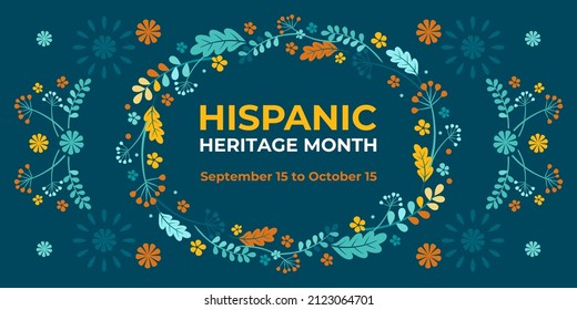 Hispanic heritage month. Vector web banner, poster, card for social media, networks. Greeting with national Hispanic heritage month text, floral pattern, on green background.