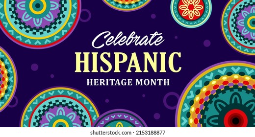 Hispanic heritage month. Vector web banner, poster, card for social media, networks. Greeting Hispanic heritage month text, Huichol pattern, perforated paper on black background.