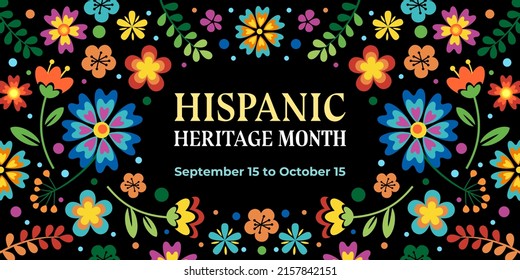 Hispanic heritage month. Vector web banner, poster, card for social media, networks. Greeting with national Hispanic heritage month text, flowers on floral pattern background