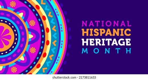 Hispanic heritage month. Vector web banner, poster, card for social media, networks. National greeting with Hispanic heritage month text, Huichol pattern background.