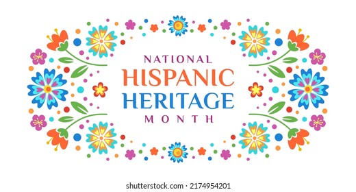Hispanic heritage month. Vector web banner, poster, card for social media, networks. Greeting with national Hispanic heritage month text on white pattern background with floral frame.