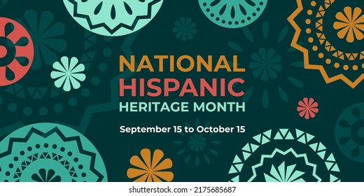 Hispanic heritage month. Vector web banner, poster, card for social media and networks. Greeting with national Hispanic heritage month text, Papel Picado pattern, perforated paper on green background.