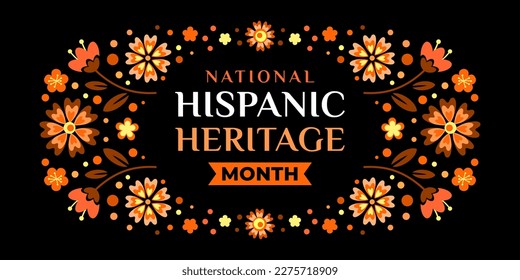 Hispanic heritage month. Vector web banner, poster, card for social media, networks. Greeting with national Hispanic heritage month text, floral pattern background with brown, yellow color.