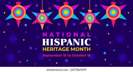 Hispanic heritage month. Vector web banner, poster, card for social media, networks. Greeting with national Hispanic heritage month text, floral pattern on blue background.