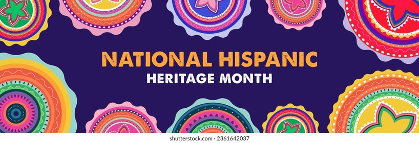 Hispanic heritage month. Vector web banner, poster, card for social media, networks. Greeting with national Hispanic heritage month text, flowers on floral pattern background. Vector illustration