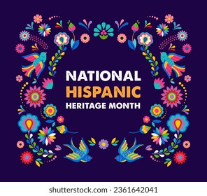 Hispanic heritage month. Vector web banner, poster, card for social media, networks. Greeting with national Hispanic heritage month text, flowers on floral pattern background. Vector illustration