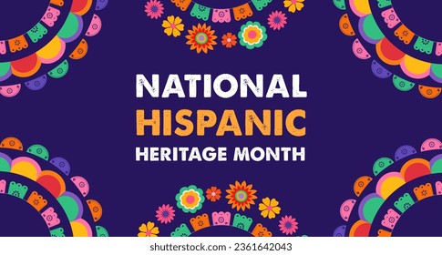 Hispanic heritage month. Vector web banner, poster, card for social media, networks. Greeting with national Hispanic heritage month text, flowers on floral pattern background. Vector illustration