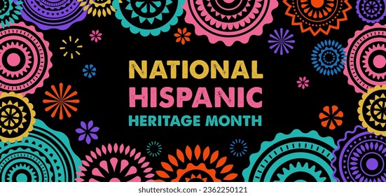 Hispanic heritage month. Vector web banner, poster, card for social media, networks. Greeting with national Hispanic heritage month text, flowers on floral pattern background. Vector illustration