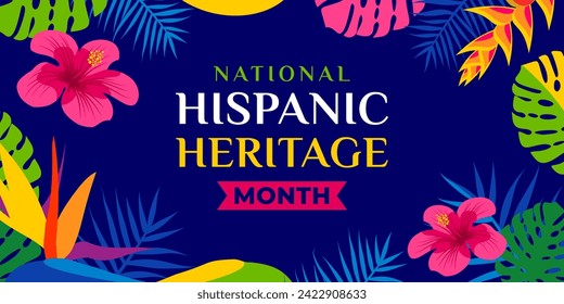 Hispanic heritage month. Vector web banner, poster, card for social media, networks. Greeting with national Hispanic heritage month text, tropical flowers on blue background with green, yellow color.