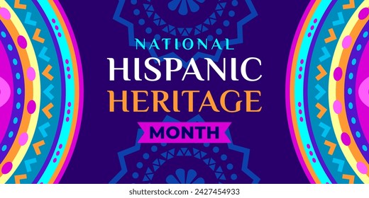 In: Hispanic Heritage Month. Vector Web-Banner, Poster, Karte für soziale Medien, Netzwerke. Begrüßung mit nationalem hispanischen Erbe-Monat-Text auf lila Hintergrund mit blauer, gelber Farbe.