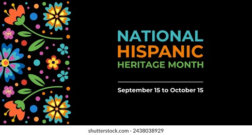 Hispanic heritage month. Vector web banner, poster, card for social media, networks. Greeting with national Hispanic heritage month text, ornament on black background with red, yellow color.