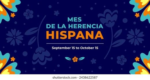 In: Hispanic Heritage Month. Vector Web-Banner, Poster, Karte für soziale Medien, Netzwerke. Gruß auf Spanisch, Blumenmuster, auf blauem Hintergrund.