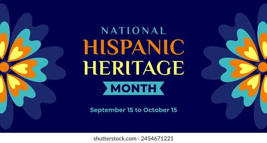 Hispanic heritage month. Vector web banner, poster, card for social media, networks. Greeting with national Hispanic heritage month text, ornament on blue background with red, yellow color.