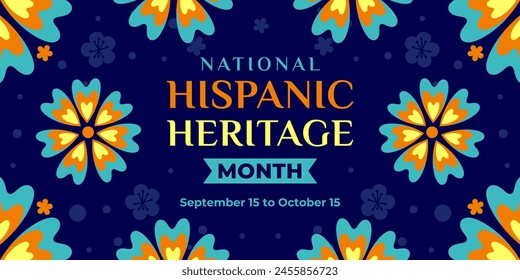 In: Hispanic Heritage Month. Vektorgrafik Web Banner, Poster, Karte für Social Media, Netzwerke. Gruß mit nationalem hispanischen Erbe-Monat-Text, Ornament auf blauem Hintergrund mit orange, gelbe Farbe.