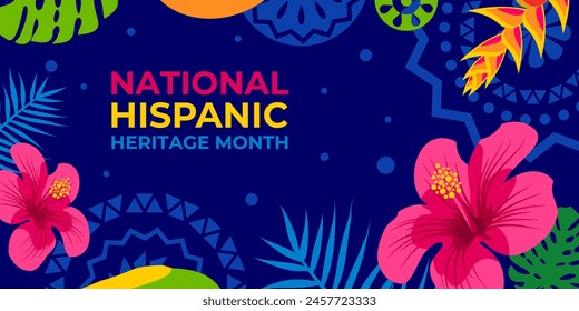 In: Hispanic Heritage Month. Vektorgrafik Web Banner, Poster, Karte für Social Media, Netzwerke. Gruß mit nationalem hispanischen Erbe-Monat-Text, Hibiskus auf blauem Hintergrund mit orange, gelbe Farbe.